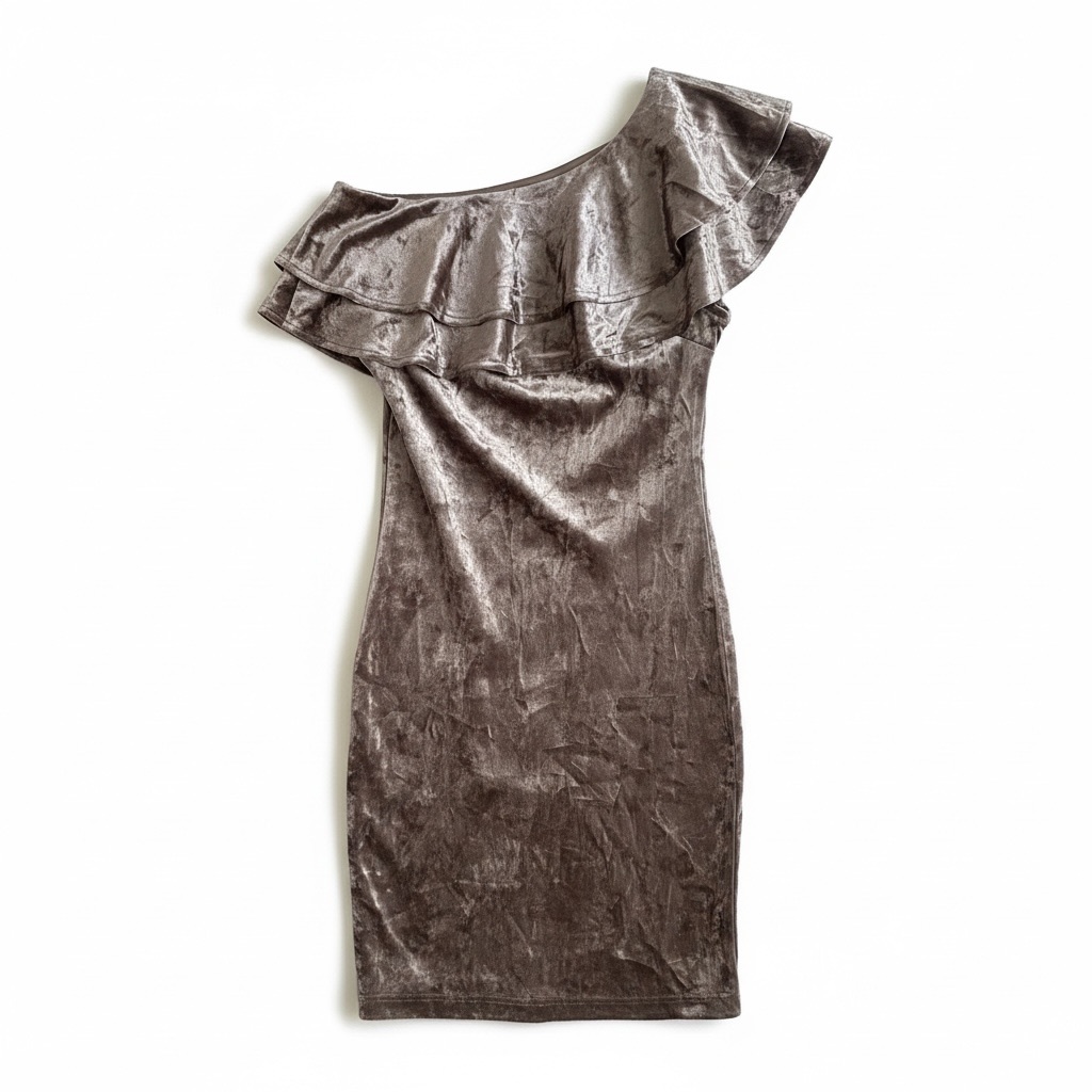 Forever 21 One-Shoulder Crushed Velvet Bodycon Dress Taupe, Ruffled Neckline,
